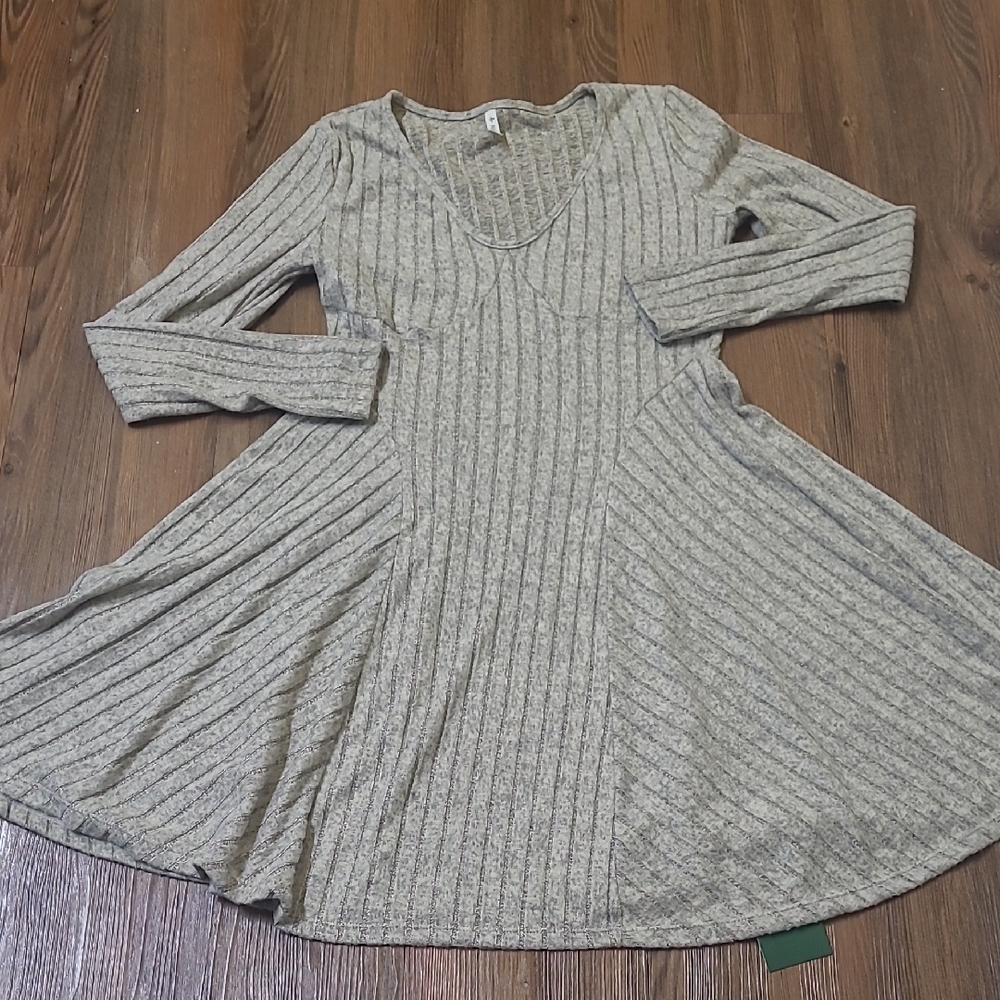 HALARA Grey Ribbed Long Sleeve Midi Dress